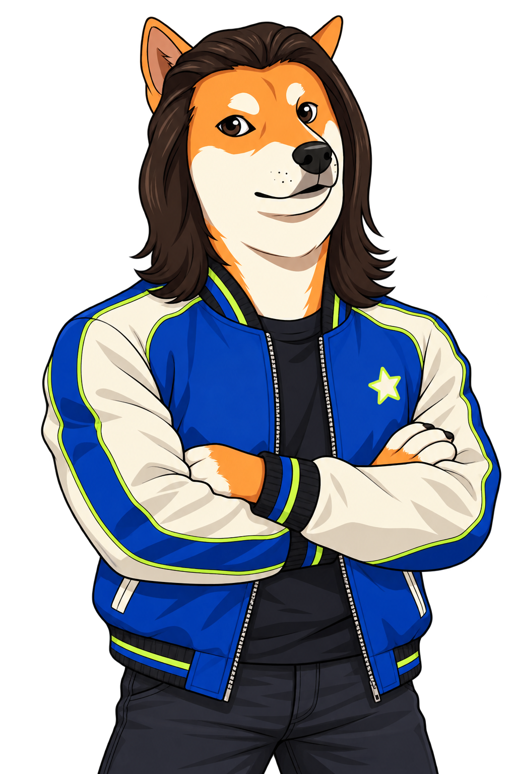 The ONLYGOOD character wearing a blue racing jacket.