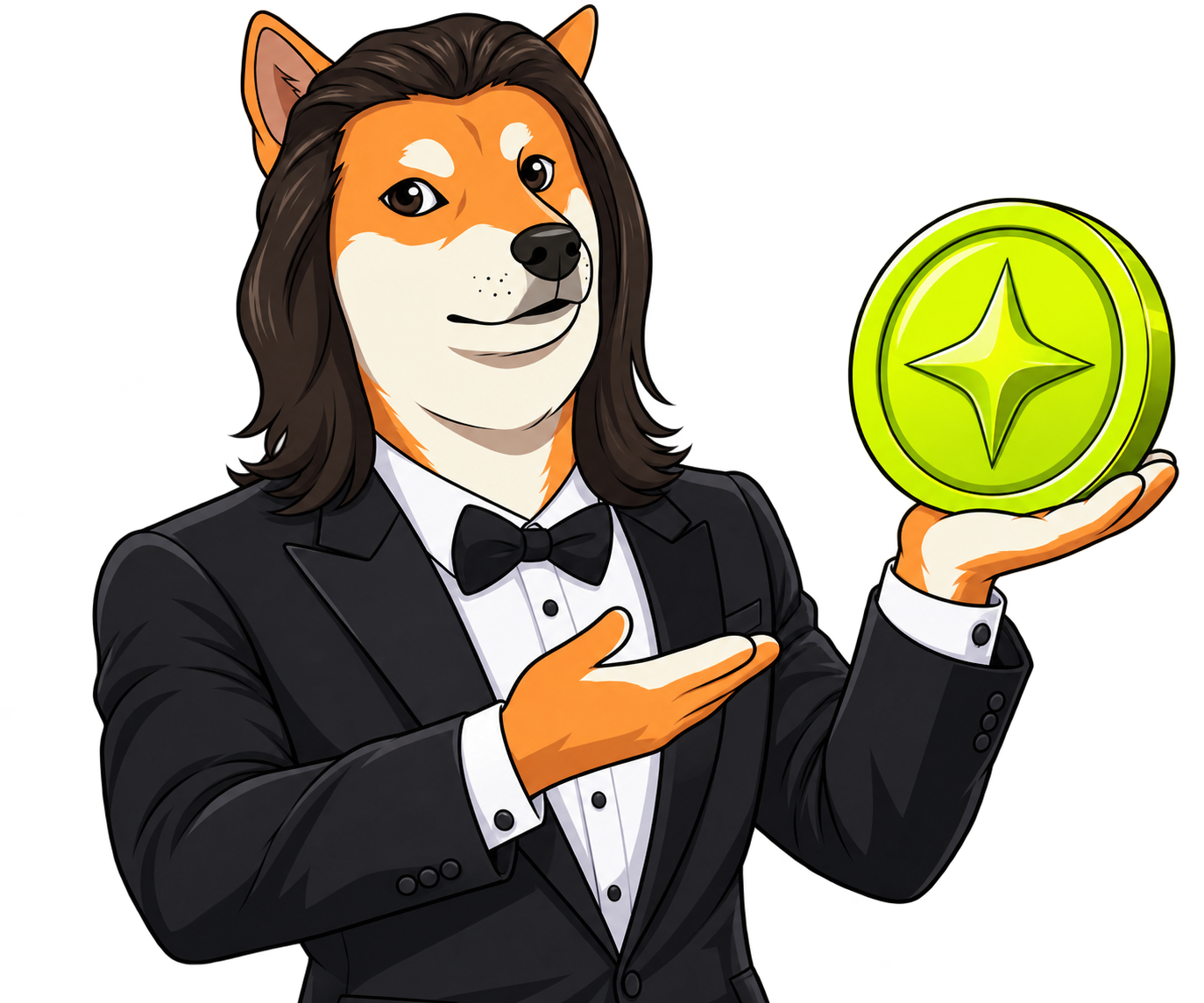 The ONLYGOOD mascot presenting a lime-green coin with a star.